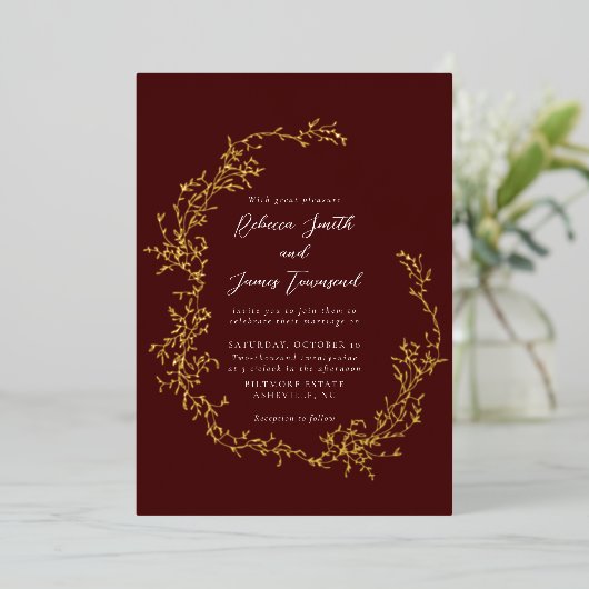 植物性リースファインアート絵画ズレッド結婚ズ 箔招待状 (立ち正面)