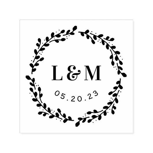 植物性リースモノグラム結婚式の日付を保存 セルフインキングスタンプ (デザイン)