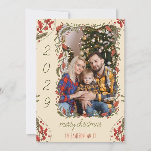 植物性リース-カスタム家族フォトクリスマス シーズンカード (正面)