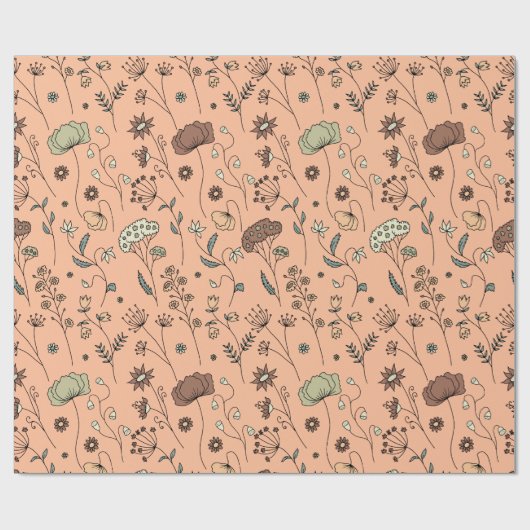 植物性ワイルドフラワーピーチファズとセージ緑 ラッピングペーパー (フラット)