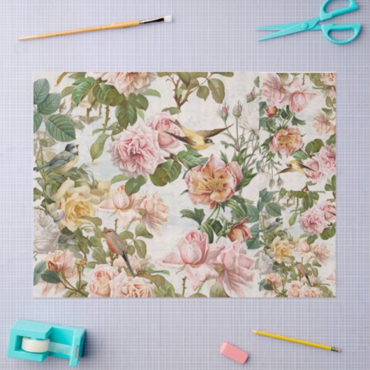 植物性ヴィンテージピンクイエローローズバードデコップページ 薄葉紙 (クラフト)