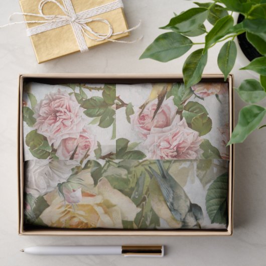 植物性ヴィンテージピンクイエローローズバードデコップページ 薄葉紙 (ギフト)