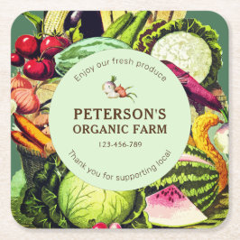 植物性ヴィンテージ野菜ローカル農家ラベル スクエアペーパーコースター