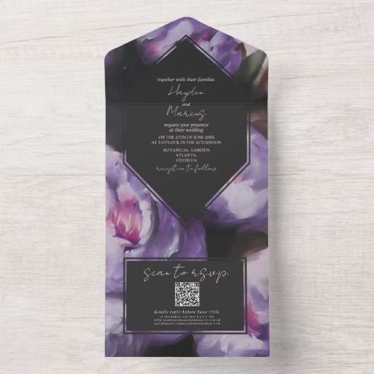 植物性劇的な紫色のフローラ結婚式RSVP QR オールインワン招待状 (内側)