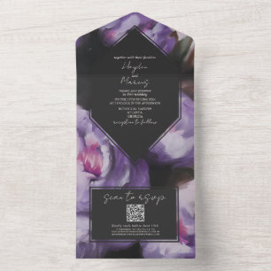 植物性劇的な紫色のフローラ結婚式RSVP QR オールインワン招待状