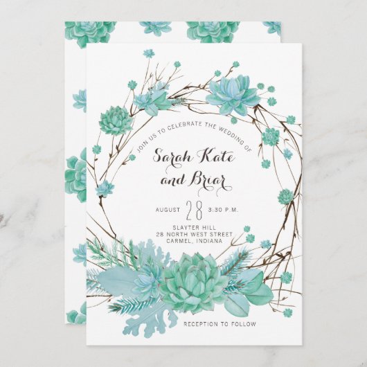 植物性多汁性グリーン結婚式招待状 招待状 (正面/裏面)