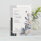 植物性幾何学中性ブルーベージュ結婚ズ 招待状 (スタンド正面)