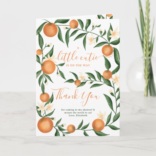 植物性柑橘類オレンジの小さなかわいこちゃん赤ちゃんシャワー サンキューカード (正面)