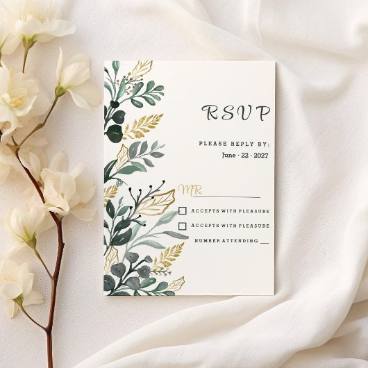 植物性水彩グリーン金ゴールドグリーンリーRSVP 招待状