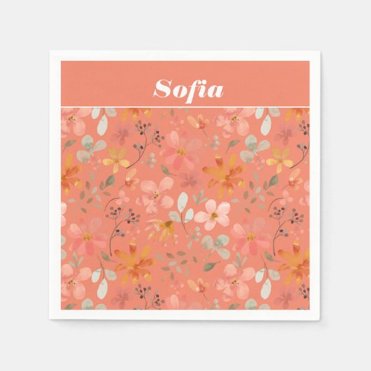 植物性水彩柄カスタムオレンジ スタンダードカクテルナプキン (正面)