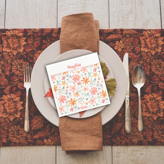 植物性水彩柄カスタムピンク白 スタンダードカクテルナプキン