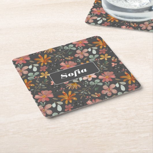 植物性水彩柄カスタム灰色 スクエアペーパーコースター (アングル)