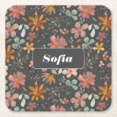 植物性水彩柄カスタム灰色 スクエアペーパーコースター (正面)