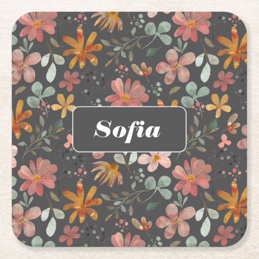 植物性水彩柄カスタム灰色 スクエアペーパーコースター (正面)