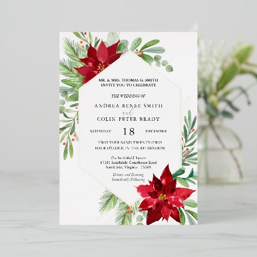 植物性水彩緑のクリスマス結婚ズ 箔招待状 (立ち正面)