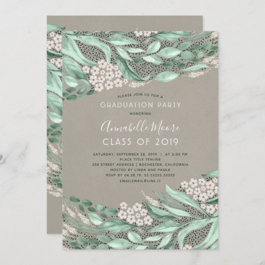 植物性水彩緑色卒業パーティー 招待状 (正面/裏面)