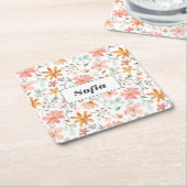 植物性水彩花柄カスタム白 スクエアペーパーコースター (アングル)