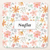 植物性水彩花柄カスタム白 スクエアペーパーコースター (正面)