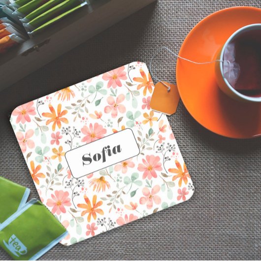 植物性水彩花柄カスタム白 スクエアペーパーコースター