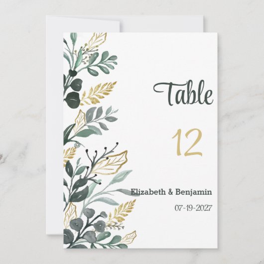 植物性水彩金ゴールドグリーンテーブル番号 招待状 (正面)