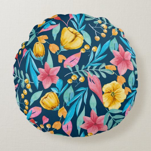 植物性水彩:花、葉オーナメント。 ラウンドクッション (正面)