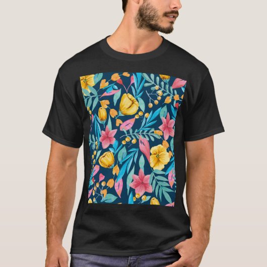 植物性水彩:花、葉オーナメント。 Tシャツ (正面)