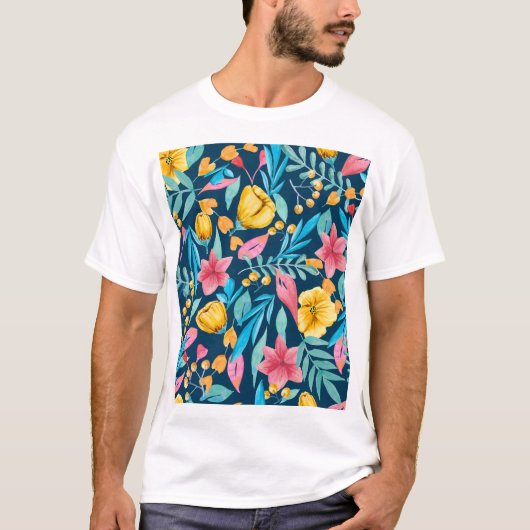 植物性水彩:花、葉オーナメント。 Tシャツ (正面)