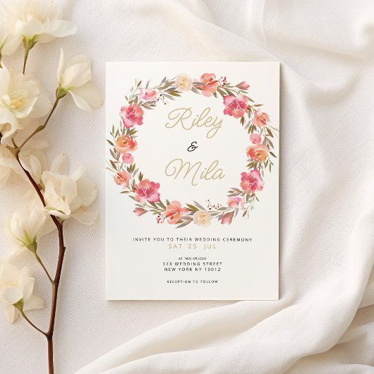 植物性水色ピンクフローラ秋の結婚式 招待状