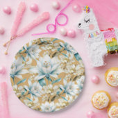 植物性水色ブルーホワイト金ゴールドリリーフローラ ペーパープレート (パーティー)