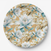 植物性水色ブルーホワイト金ゴールドリリーフローラ ペーパープレート (正面)