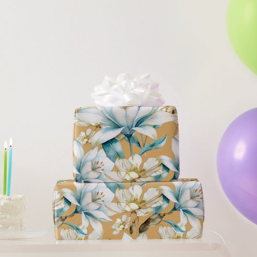 植物性水色ブルーホワイト金ゴールドリリーフローラ ラッピングペーパー (パーティーギフト)