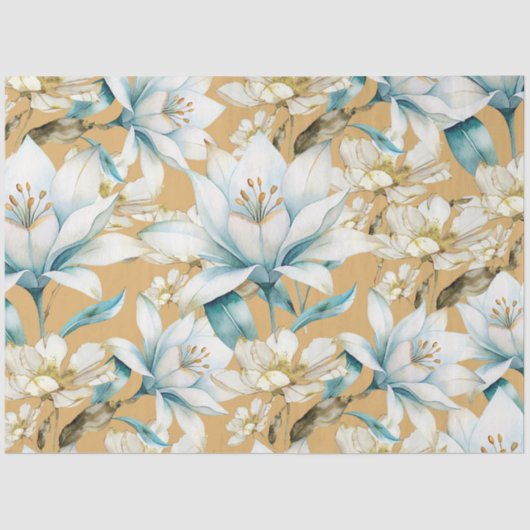 植物性水色ブルーホワイト金ゴールドリリーフローラ 薄葉紙 (正面)