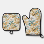植物性水色ブルーホワイト金ゴールドリリーフローラ 鍋つかみ&鍋敷きセット (正面)