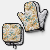植物性水色ブルーホワイト金ゴールドリリーフローラ 鍋つかみ&鍋敷きセット (正面/裏面)
