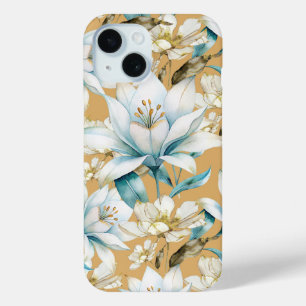 植物性水色ブルーホワイト金ゴールドリリーフローラ iPhone 15ケース