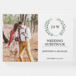植物性水色葉のモノグラム結婚写真 ゲストブック