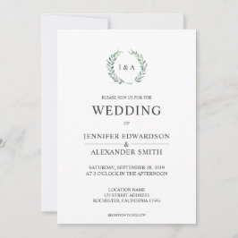植物性水色葉のモノグラム結婚写真 招待状