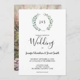 植物性水色葉のモノグラム結婚写真 招待状