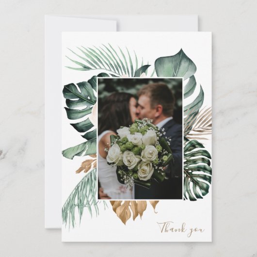 植物性熱帯フローラ金ゴールドマウヴ結婚ス サンキューカード (正面)