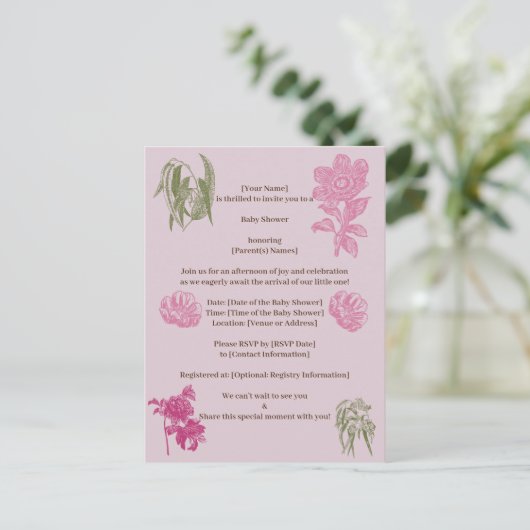 植物性牡丹ユーカリ女の子の赤ちゃんシャワー インビテーションポストカード (スタンド正面)