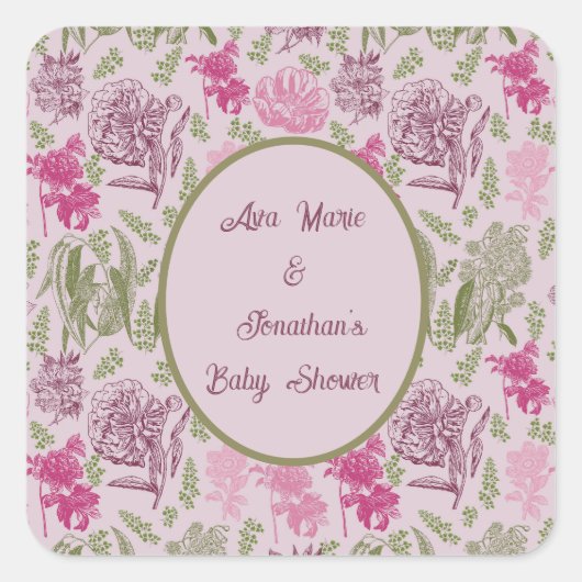 植物性牡丹ユーカリ女の子の赤ちゃんシャワー スクエアシール (正面)