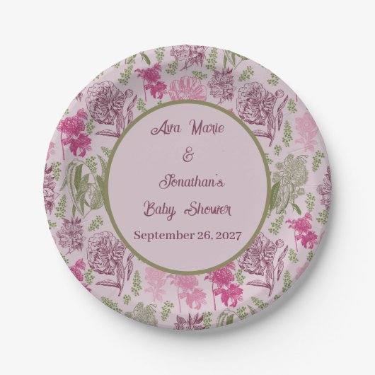 植物性牡丹ユーカリ女の子の赤ちゃんシャワー ペーパープレート (正面)