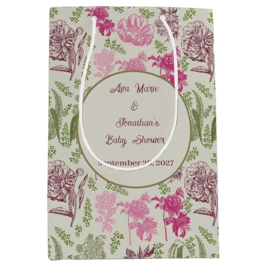 植物性牡丹ユーカリ女の子の赤ちゃんシャワー ミディアムペーパーバッグ (正面)