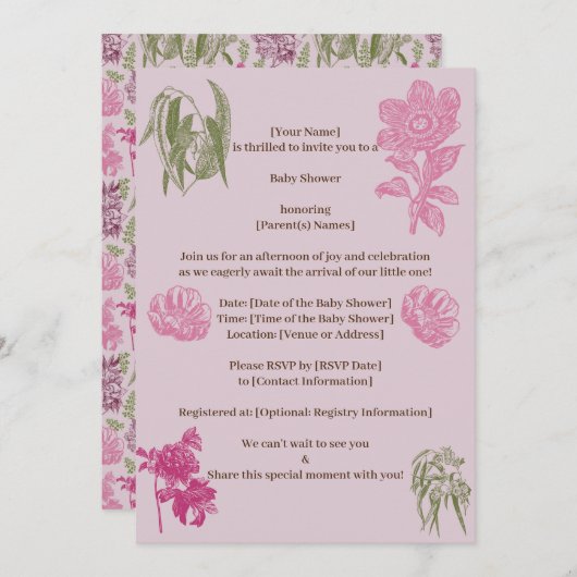 植物性牡丹ユーカリ女の子の赤ちゃんシャワー 招待状 (正面/裏面)