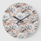 植物性白黒バラ金ゴールドグリッター花 ラージ壁時計 (正面)