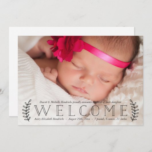 植物性素朴オーバーレイの写真誕生の発表 案内状 (正面/裏面)