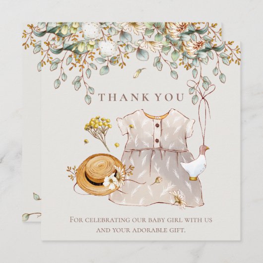 植物性素朴ベビーガールシャワーサンキューカード サンキューカード (正面/裏面)