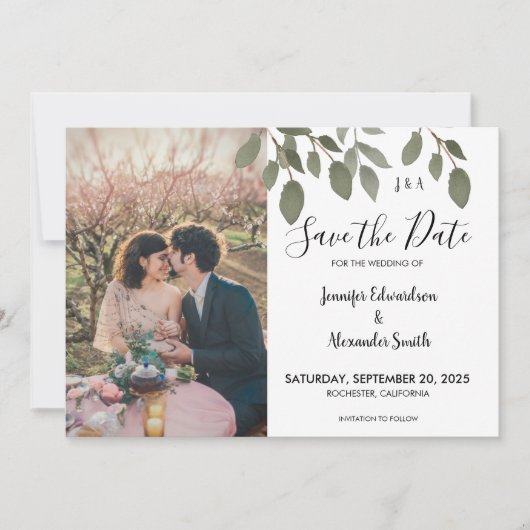 植物性素朴モノグラム写真Save the Date 招待状 (正面)