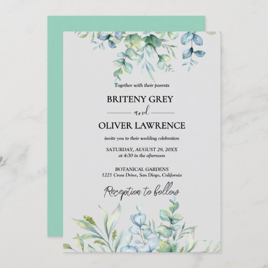 植物性素朴ユーカリ緑結婚草 招待状 (正面/裏面)