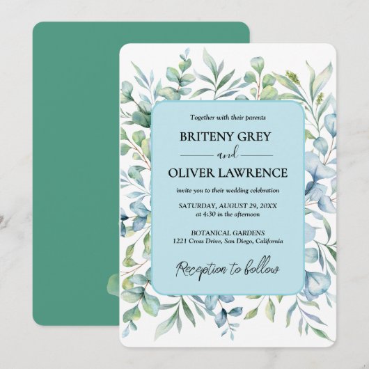 植物性素朴ユーカリ緑結婚草 招待状 (正面/裏面)